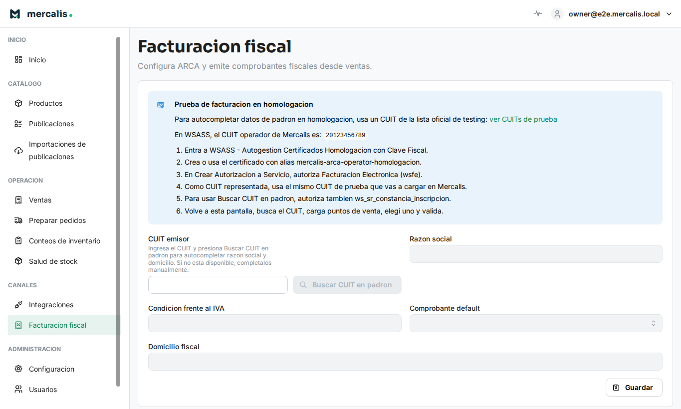 Pantalla de Mercalis para Facturación ARCA