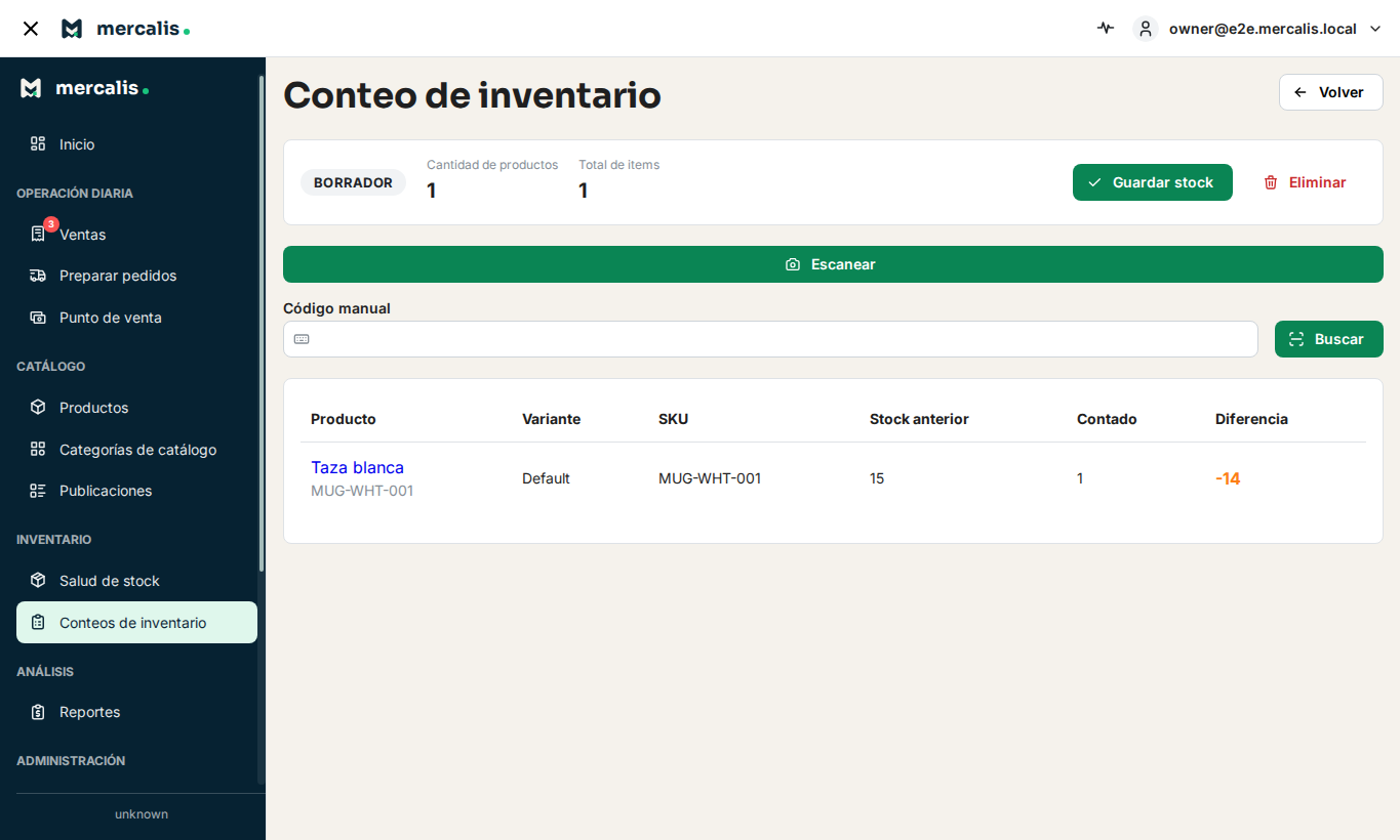 Pantalla de conteo de inventario en Mercalis