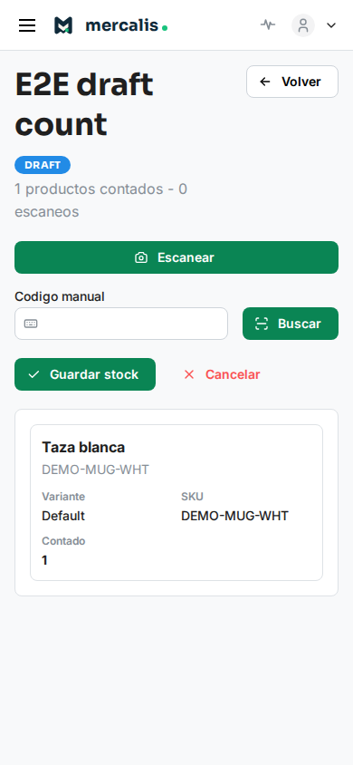 Pantalla de Mercalis para Inventario físico