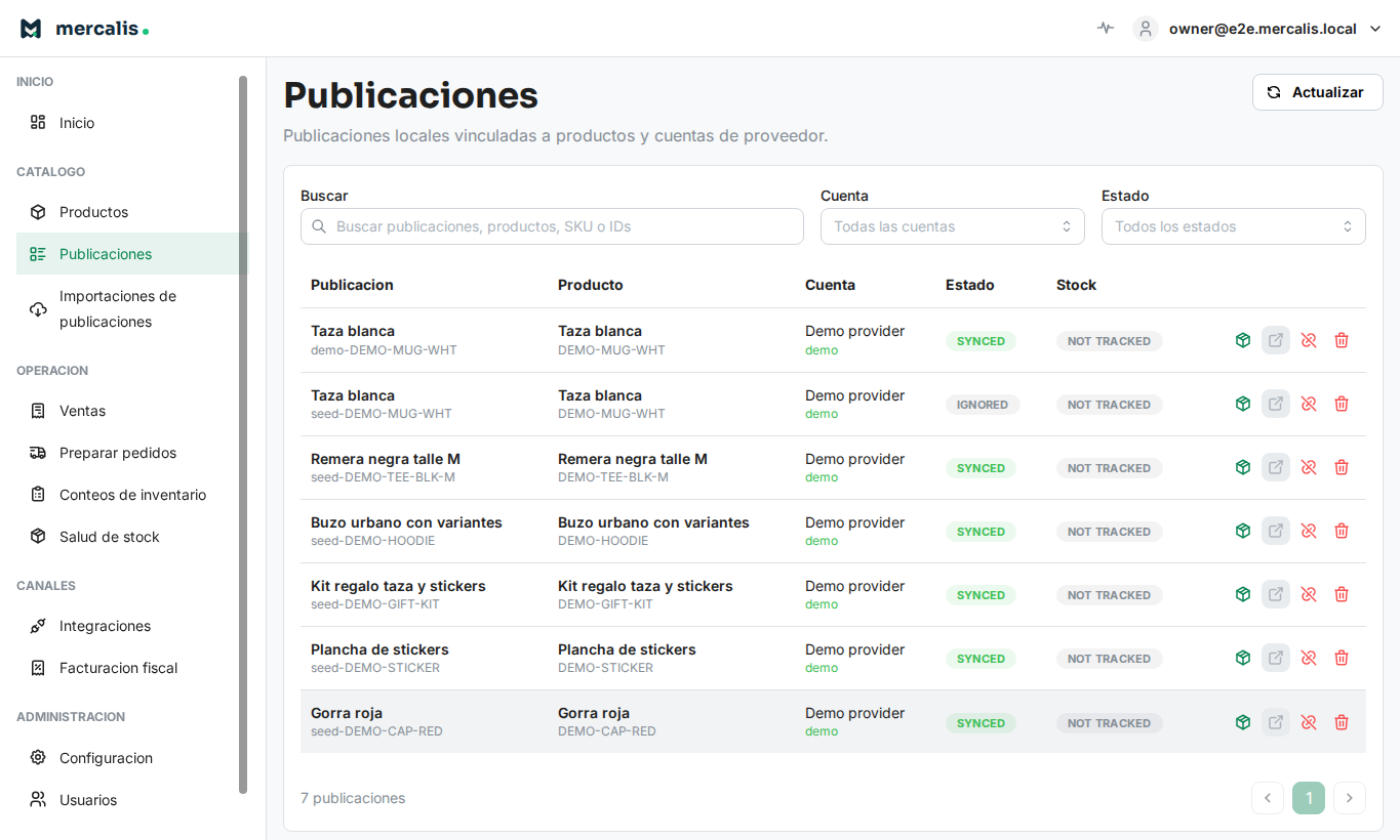Pantalla de Mercalis para Sincronización con Mercado Libre