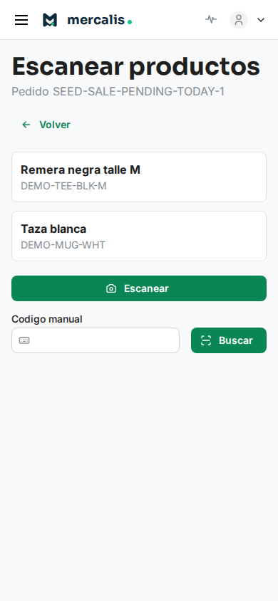 Pantalla mobile de Mercalis para escanear productos pendientes de un pedido