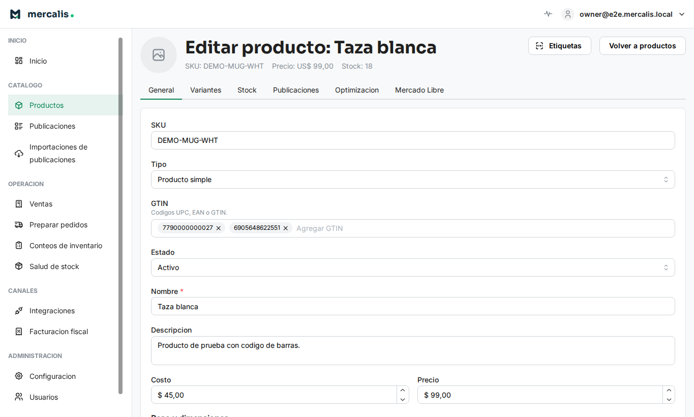 Pantalla de Mercalis para Gestión de publicaciones