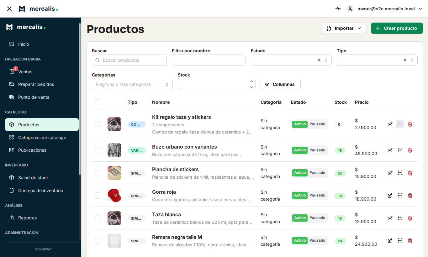 Listado de productos en Mercalis desde donde se generan las etiquetas