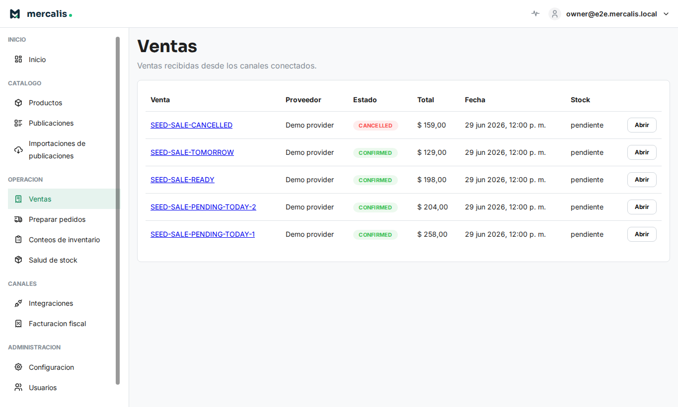 Listado de ventas de Mercalis con estado, total, fecha y stock