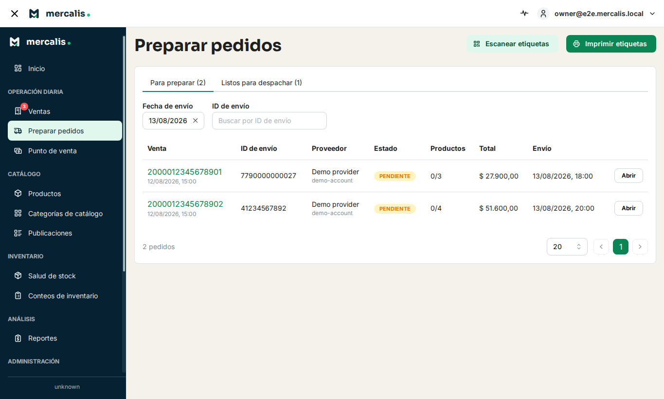 Listado de pedidos por preparar en Mercalis