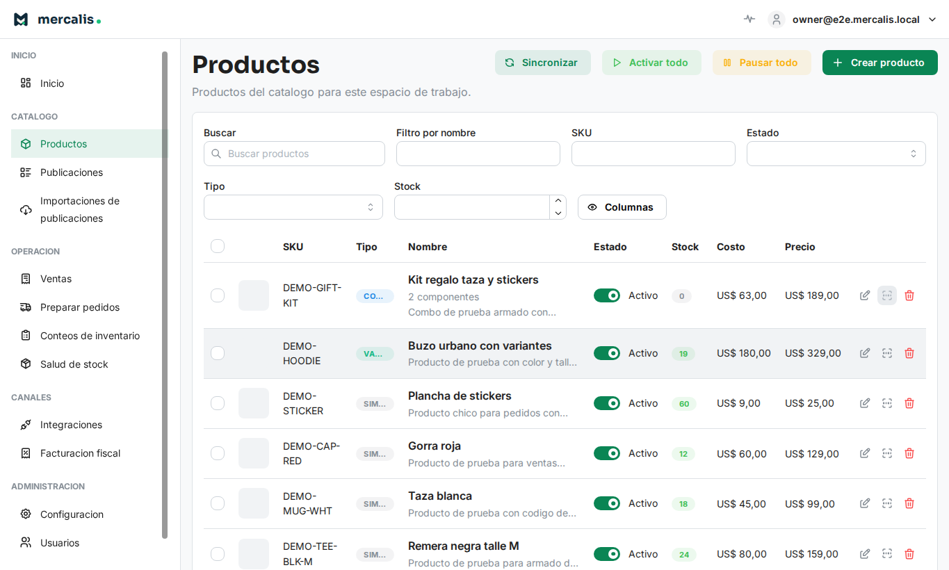 Listado de productos de Mercalis con stock, estado, SKU y precios visibles